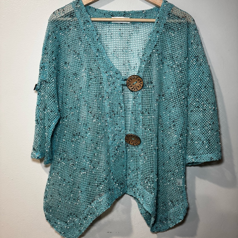 LULU B Sz Large Aqua Mesh Short Sleeve Oversized Cardigan w/Huge Buttons Beachy